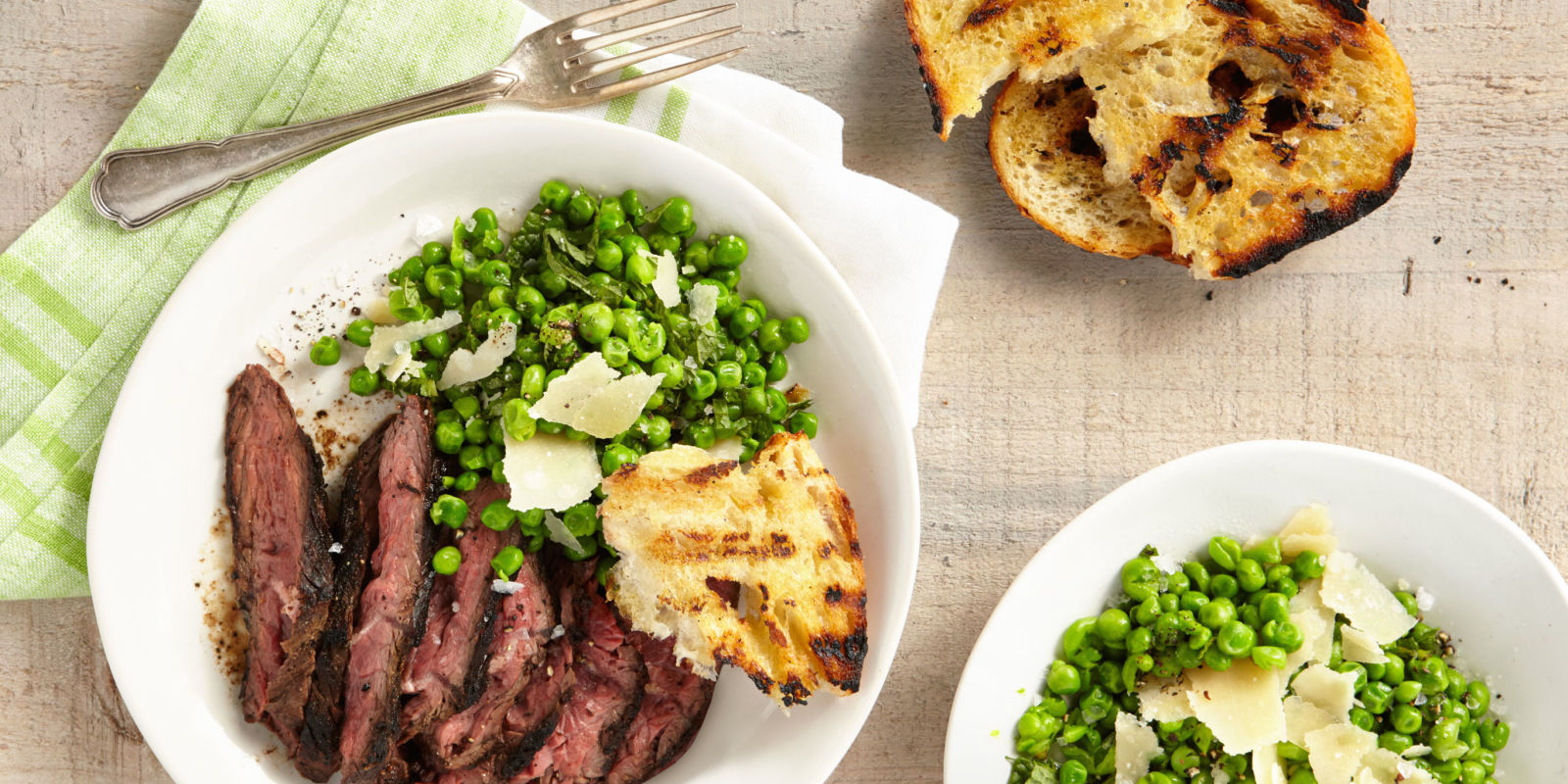 Hanger Steak with Minty Peas and Garlic Bread